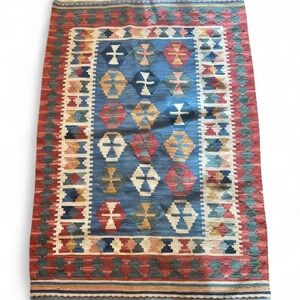 Vintage Turkish Flat Weave Kilim Multicolored Rug Geometric 2’x3’
